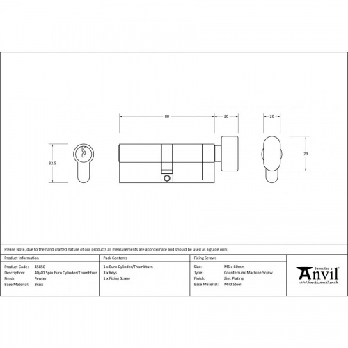 Pewter 40/40 5pin Euro Cylinder/Thumbturn